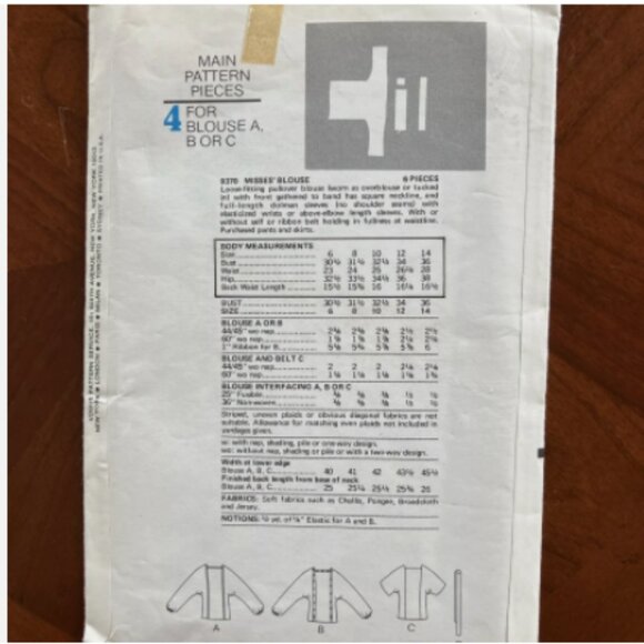 UNCUT Blouse Sewing Pattern Very Easy Vogue 9370 Sz 8 Dolman Sleeves Square Neck - Picture 2 of 2